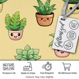 Cute Kawaii Smiling Plant Pots Leaves Seamless Pattern Yellow Background Digital Print Fabric by the Metre UK Sewing Quilting Textile