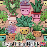 Cute Kawaii Smiling Plant Pots Succulents Leaves  Pattern Peach Background Digital Print Fabric by the Metre UK Sewing Quilting Textile