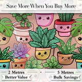 Cute Kawaii Smiling Plant Pots Succulents Leaves  Pattern Peach Background Digital Print Fabric by the Metre UK Sewing Quilting Textile