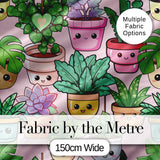 Cute Kawaii Smiling Plant Pots Succulents Leaves  Pattern Blush Background Digital Print Fabric by the Metre UK Sewing Quilting Textile