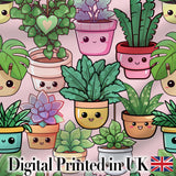 Cute Kawaii Smiling Plant Pots Succulents Leaves  Pattern Blush Background Digital Print Fabric by the Metre UK Sewing Quilting Textile