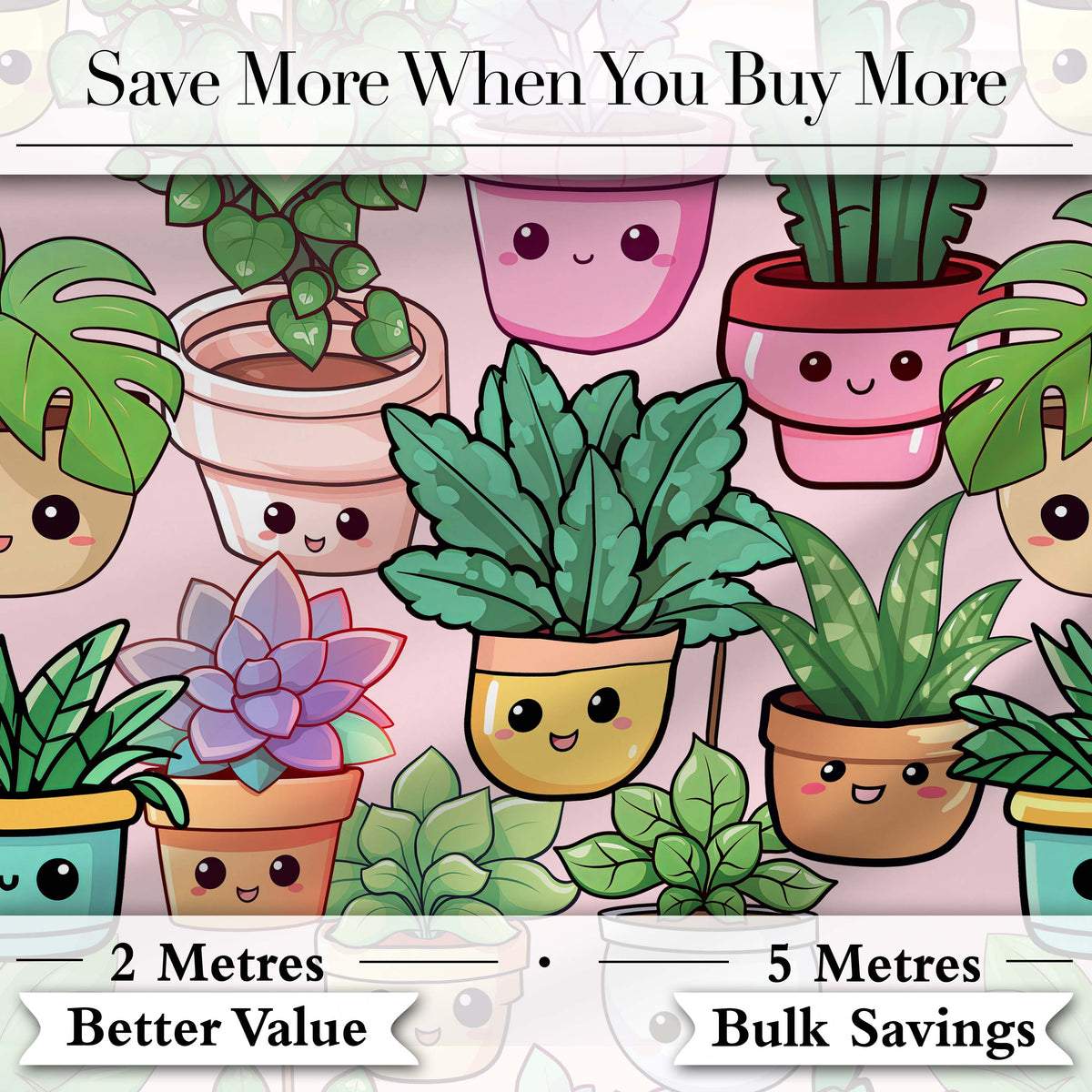 Cute Kawaii Smiling Plant Pots Succulents Leaves  Pattern Blush Background Digital Print Fabric by the Metre UK Sewing Quilting Textile