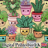 Cute Kawaii Smiling Plant Pots Succulents Leaves  Pattern Yellow Background Digital Print Fabric by the Metre UK Sewing Quilting Textile