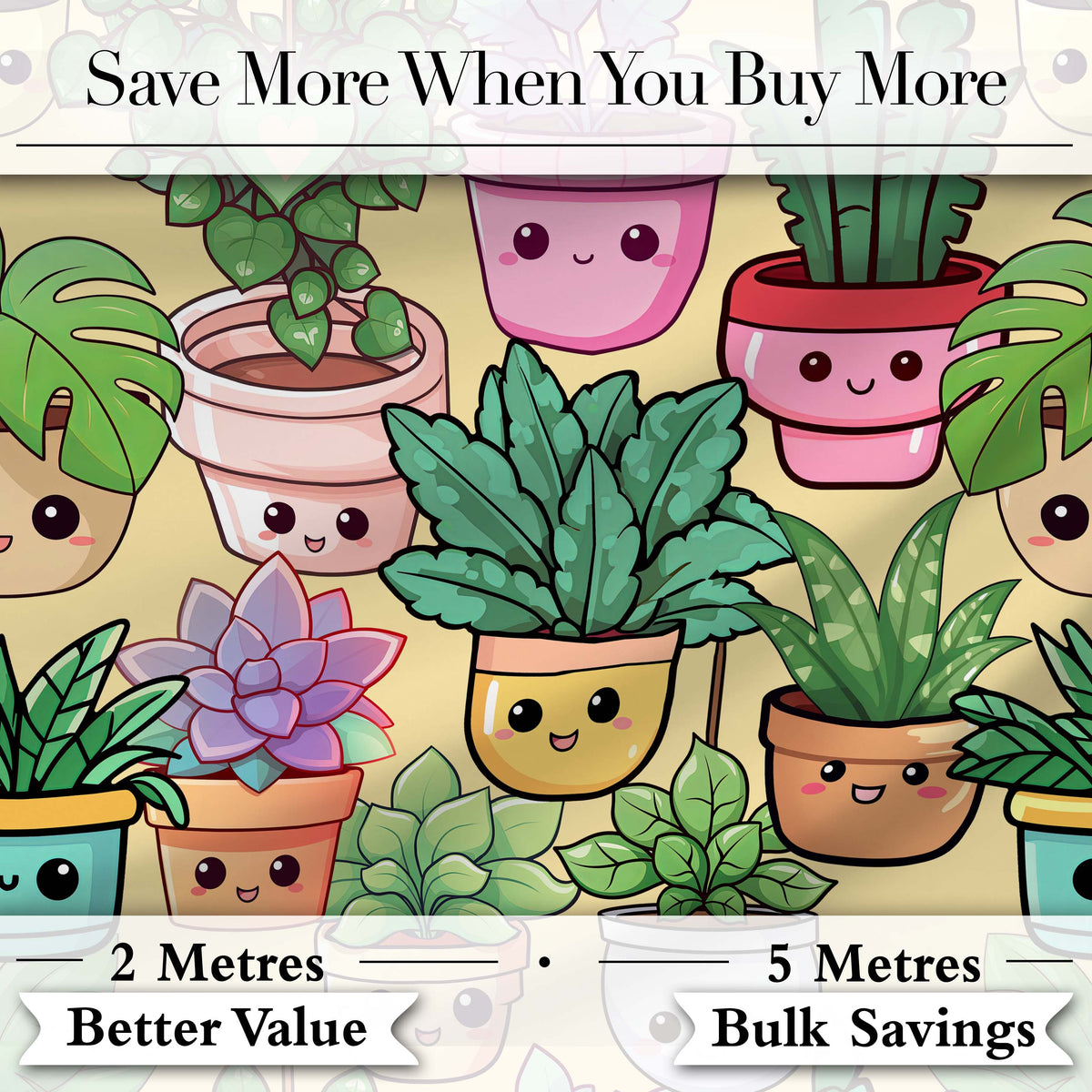 Cute Kawaii Smiling Plant Pots Succulents Leaves  Pattern Yellow Background Digital Print Fabric by the Metre UK Sewing Quilting Textile
