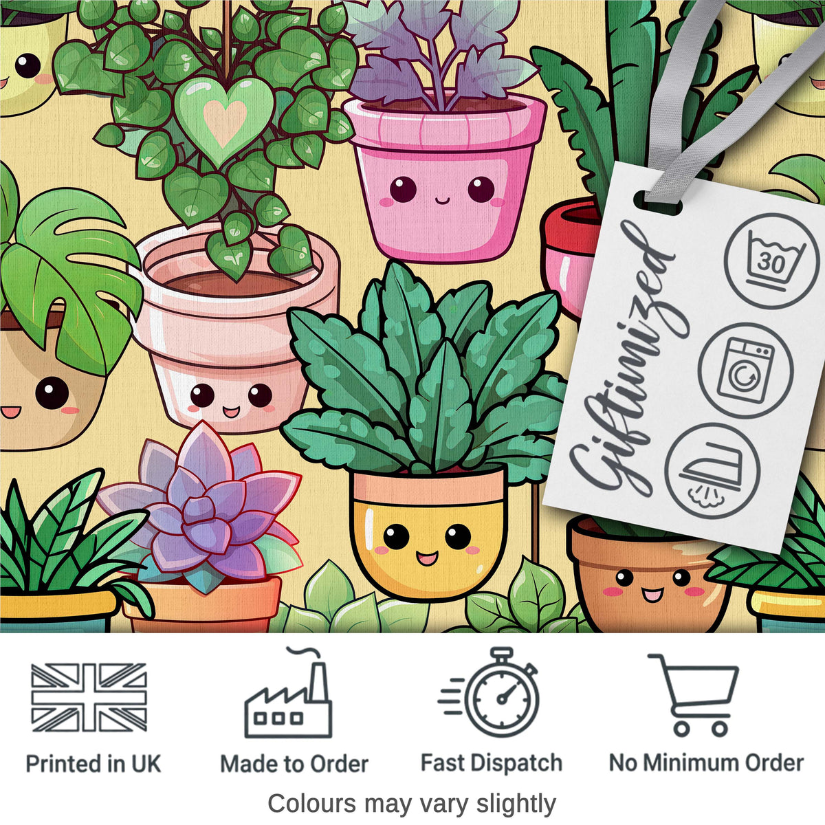 Cute Kawaii Smiling Plant Pots Succulents Leaves  Pattern Yellow Background Digital Print Fabric by the Metre UK Sewing Quilting Textile