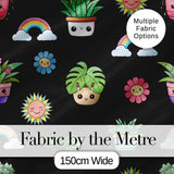 Cute Kawaii Rainbow Sun Flowers Plant Pots Seamless Pattern Black Background Digital Print Fabric by the Metre UK Sewing Quilting Textile