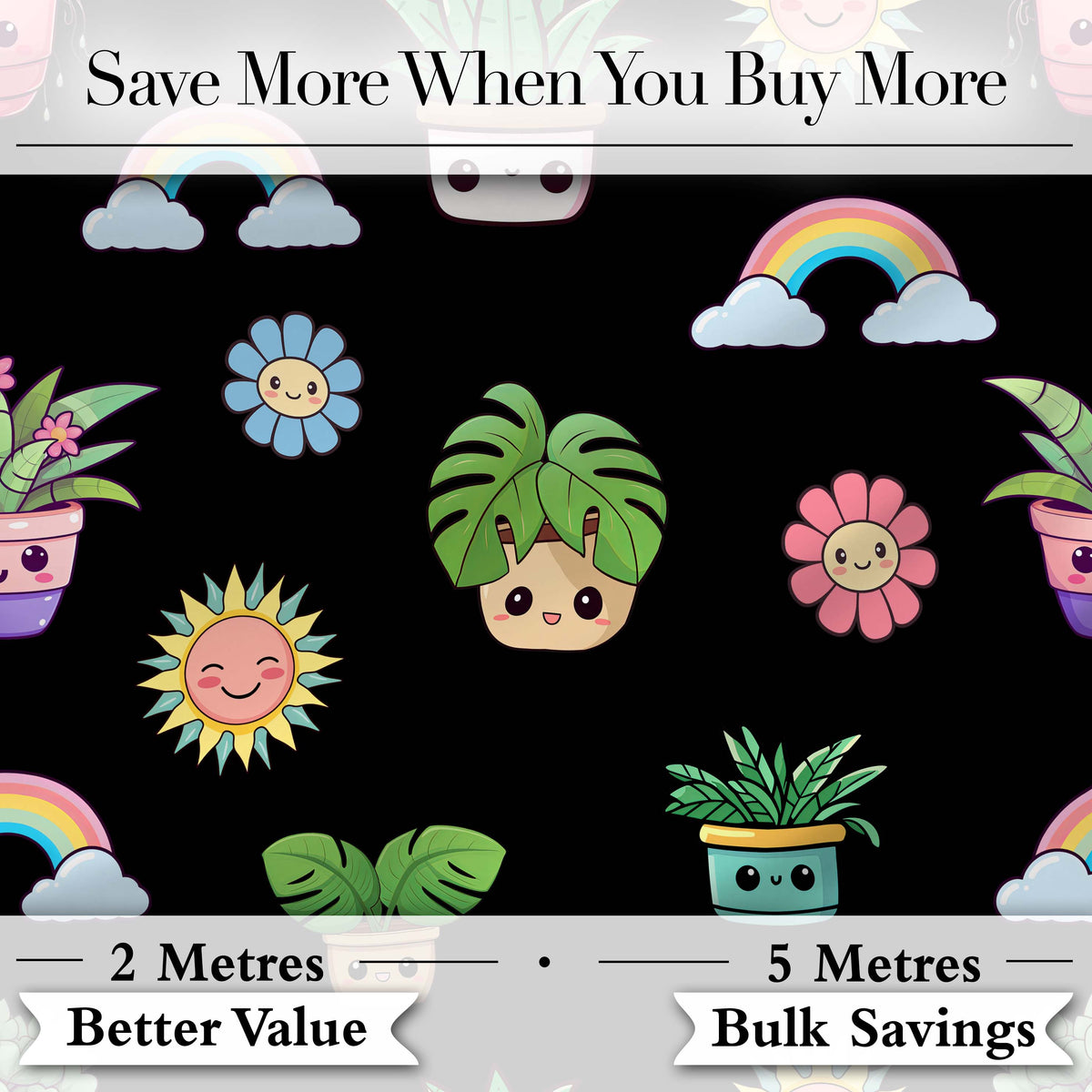 Cute Kawaii Rainbow Sun Flowers Plant Pots Seamless Pattern Black Background Digital Print Fabric by the Metre UK Sewing Quilting Textile