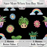 Cute Kawaii Rainbow Sun Flowers Plant Pots Seamless Pattern Black Background Digital Print Fabric by the Metre UK Sewing Quilting Textile