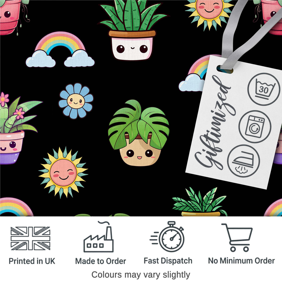 Cute Kawaii Rainbow Sun Flowers Plant Pots Seamless Pattern Black Background Digital Print Fabric by the Metre UK Sewing Quilting Textile