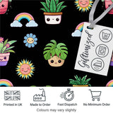 Cute Kawaii Rainbow Sun Flowers Plant Pots Seamless Pattern Black Background Digital Print Fabric by the Metre UK Sewing Quilting Textile