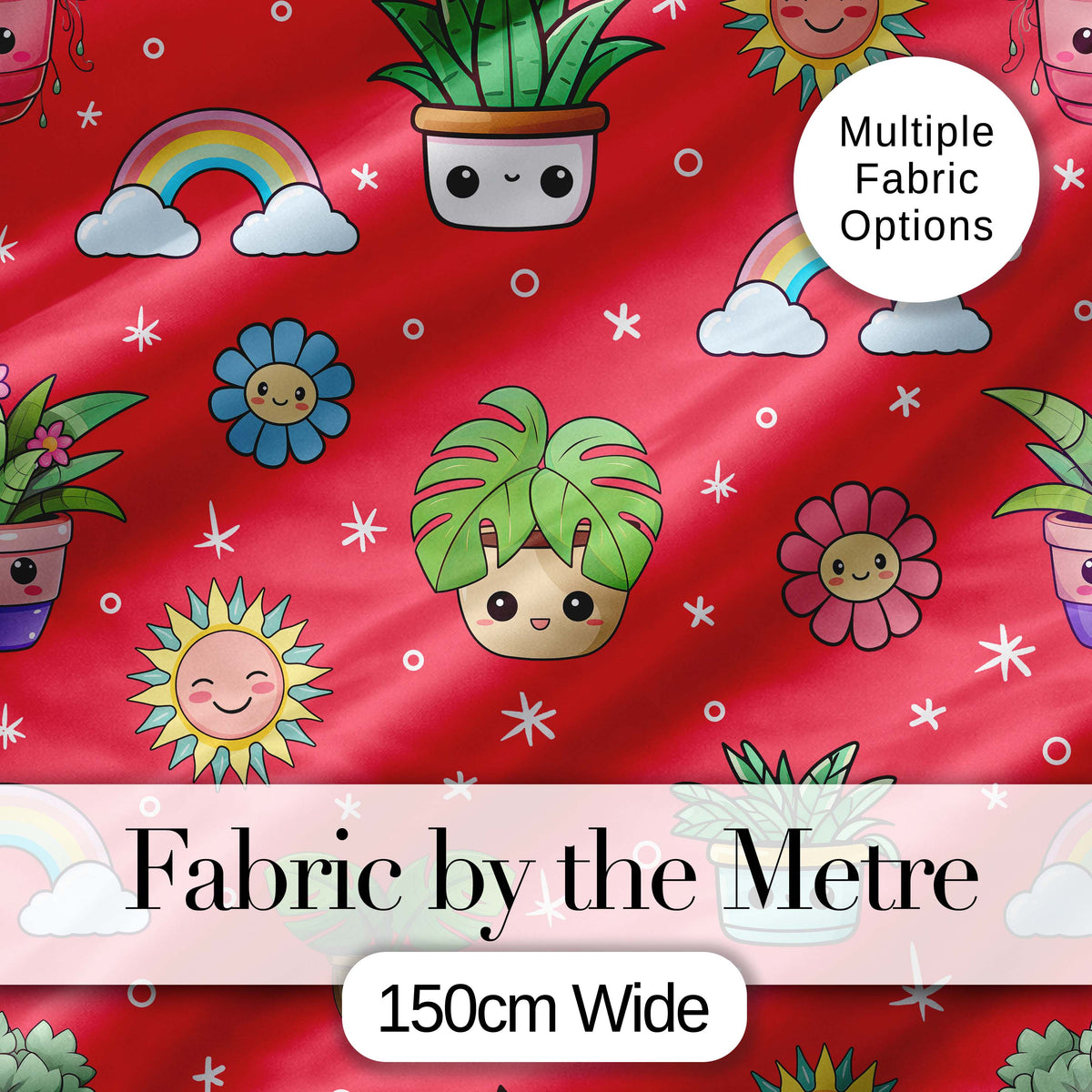 Cute Kawaii Plants Rainbow Sun Flowers Seamless Pattern Red Background Digital Print Fabric by the Metre UK Sewing Quilting Textile