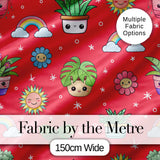 Cute Kawaii Plants Rainbow Sun Flowers Seamless Pattern Red Background Digital Print Fabric by the Metre UK Sewing Quilting Textile