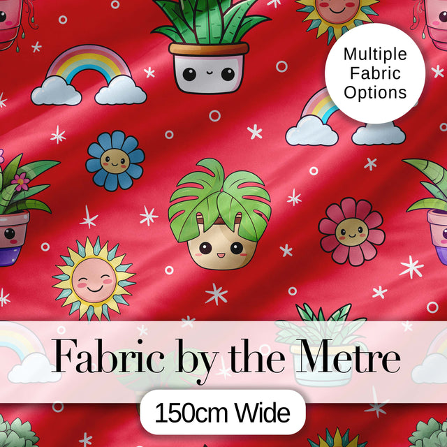 Cute Kawaii Plants Rainbow Sun Flowers Seamless Pattern Red Background Digital Print Fabric by the Metre UK Sewing Quilting Textile