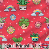 Cute Kawaii Plants Rainbow Sun Flowers Seamless Pattern Red Background Digital Print Fabric by the Metre UK Sewing Quilting Textile