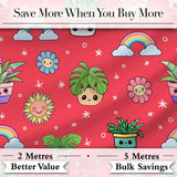 Cute Kawaii Plants Rainbow Sun Flowers Seamless Pattern Red Background Digital Print Fabric by the Metre UK Sewing Quilting Textile