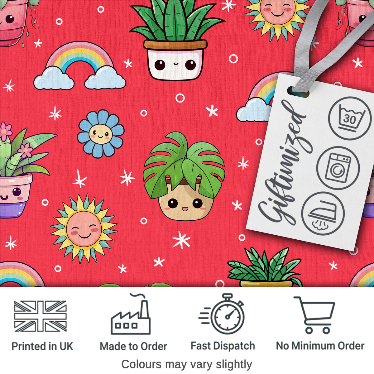 Cute Kawaii Plants Rainbow Sun Flowers Seamless Pattern Red Background Digital Print Fabric by the Metre UK Sewing Quilting Textile