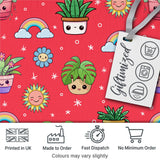 Cute Kawaii Plants Rainbow Sun Flowers Seamless Pattern Red Background Digital Print Fabric by the Metre UK Sewing Quilting Textile