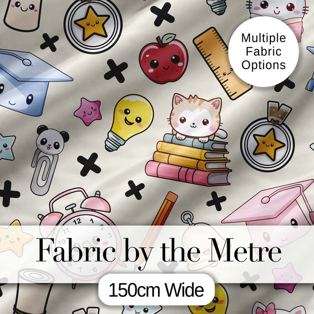 Cute Kawaii School Cat Books Apple Clock Supplies  Pattern Cream Background Digital Print Fabric by the Metre UK Sewing Quilting Textile