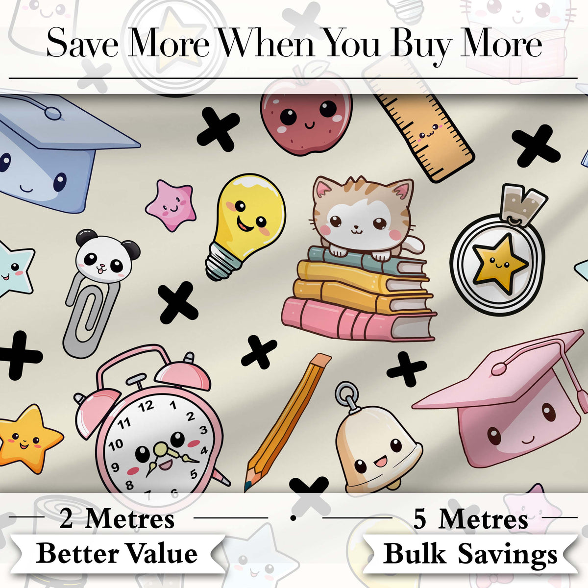 Cute Kawaii School Cat Books Apple Clock Supplies  Pattern Cream Background Digital Print Fabric by the Metre UK Sewing Quilting Textile
