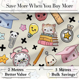 Cute Kawaii School Cat Books Apple Clock Supplies  Pattern Cream Background Digital Print Fabric by the Metre UK Sewing Quilting Textile