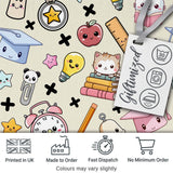 Cute Kawaii School Cat Books Apple Clock Supplies  Pattern Cream Background Digital Print Fabric by the Metre UK Sewing Quilting Textile