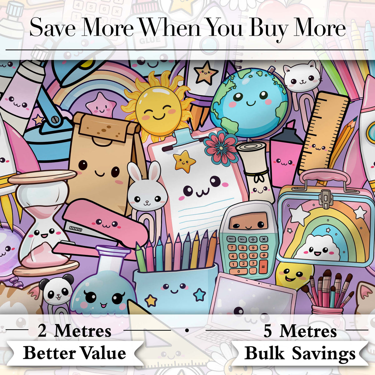 Cute Kawaii School Supplies Science Art Cute Pattern Purple Background Digital Print Fabric by the Metre UK Sewing Quilting Textile