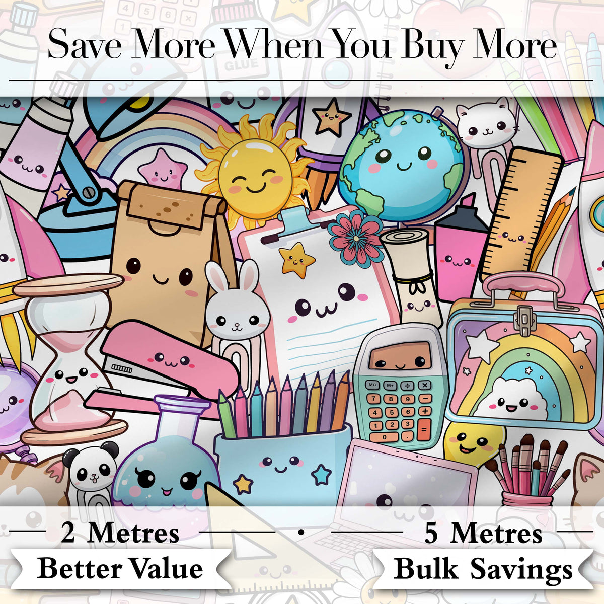 Cute Kawaii School Supplies Science Art Cute Pattern Grey Background Digital Print Fabric by the Metre UK Sewing Quilting Textile