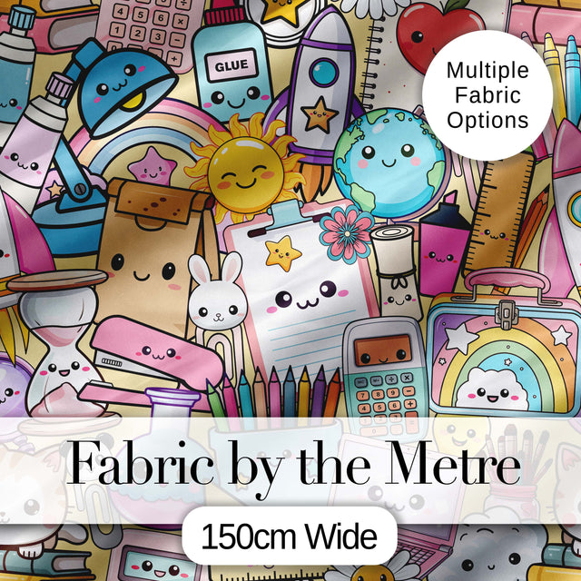 Cute Kawaii School Supplies Science Art Cute Pattern Yellow Background Digital Print Fabric by the Metre UK Sewing Quilting Textile