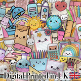 Cute Kawaii School Supplies Science Art Cute Pattern Yellow Background Digital Print Fabric by the Metre UK Sewing Quilting Textile