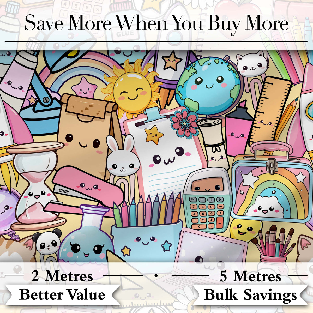 Cute Kawaii School Supplies Science Art Cute Pattern Yellow Background Digital Print Fabric by the Metre UK Sewing Quilting Textile
