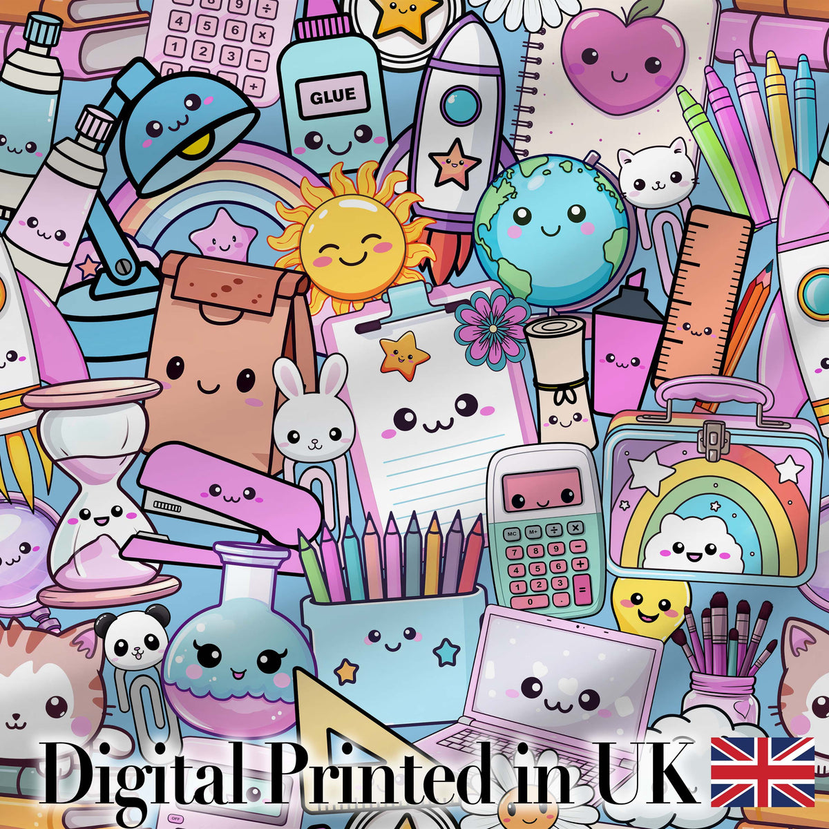 Cute Kawaii School Supplies Science Art Cute Pattern Blue Background Digital Print Fabric by the Metre UK Sewing Quilting Textile
