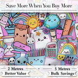 Cute Kawaii School Supplies Science Art Cute Pattern Blue Background Digital Print Fabric by the Metre UK Sewing Quilting Textile