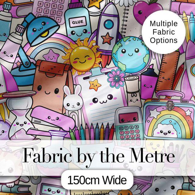Cute Kawaii School Supplies Science Art Cute Pattern Purple Background Digital Print Fabric by the Metre UK Sewing Quilting Textile