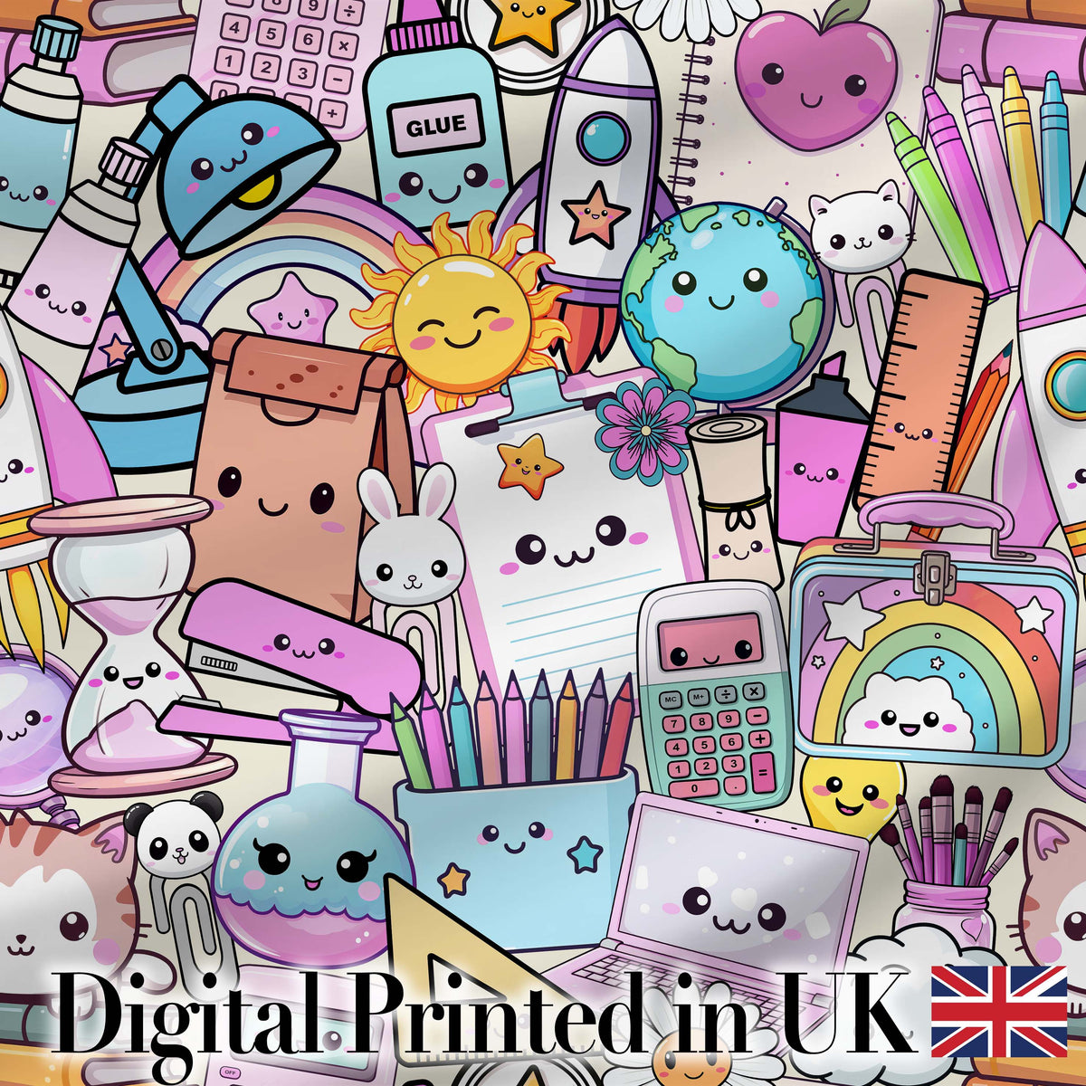 Cute Kawaii School Supplies Science Art Cute Pattern Purple Background Digital Print Fabric by the Metre UK Sewing Quilting Textile