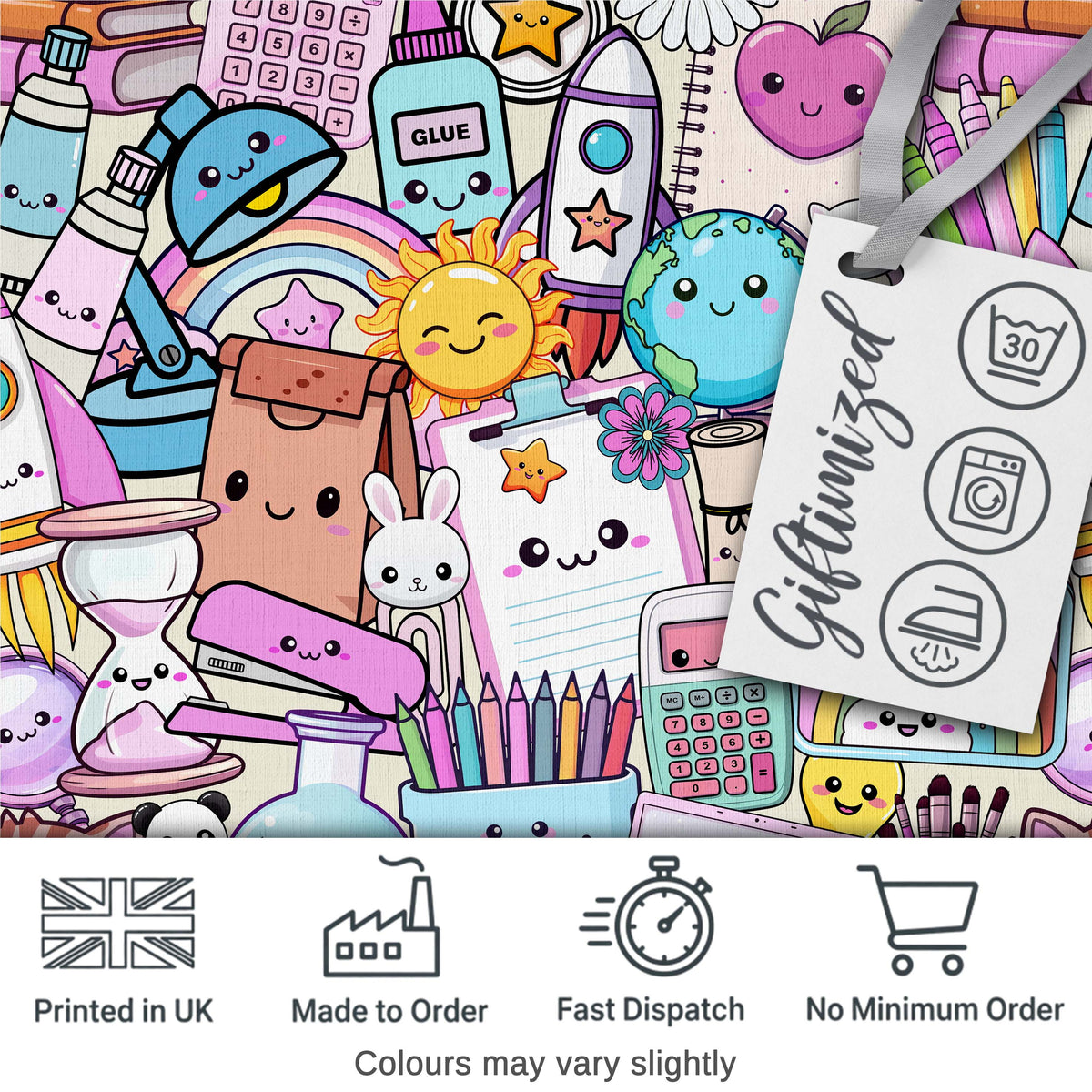 Cute Kawaii School Supplies Science Art Cute Pattern Purple Background Digital Print Fabric by the Metre UK Sewing Quilting Textile