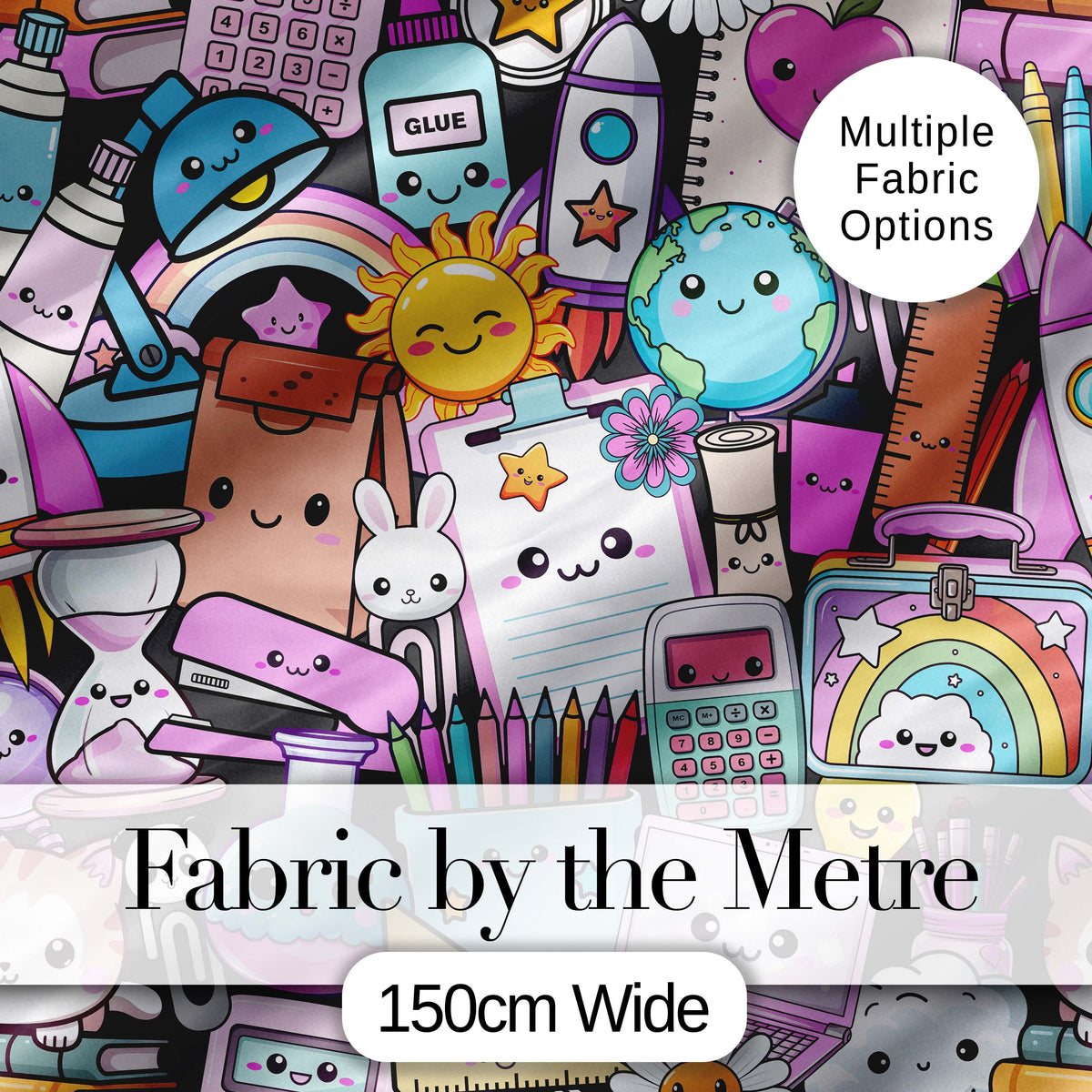 Cute Kawaii School Supplies Rainbow Sun Globe Notebook  Pattern Grey Background Digital Print Fabric by the Metre UK Sewing Quilting Textile