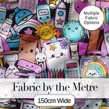 Cute Kawaii School Supplies Rainbow Sun Globe Notebook  Pattern Grey Background Digital Print Fabric by the Metre UK Sewing Quilting Textile