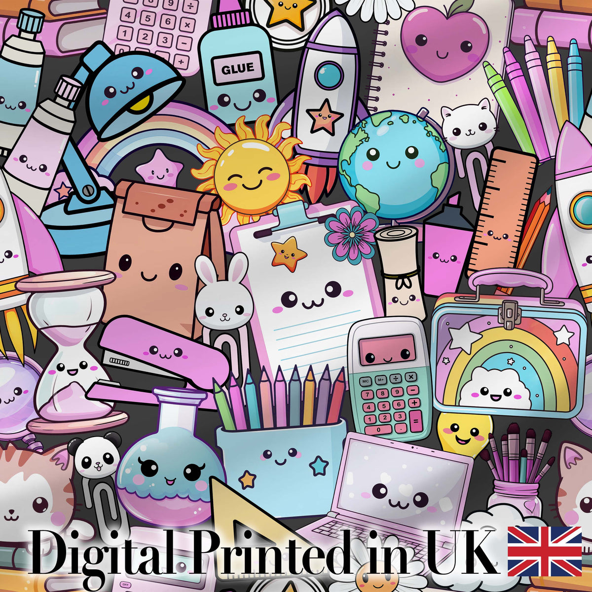 Cute Kawaii School Supplies Rainbow Sun Globe Notebook  Pattern Grey Background Digital Print Fabric by the Metre UK Sewing Quilting Textile