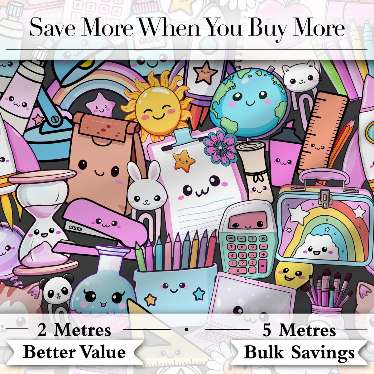Cute Kawaii School Supplies Rainbow Sun Globe Notebook  Pattern Grey Background Digital Print Fabric by the Metre UK Sewing Quilting Textile