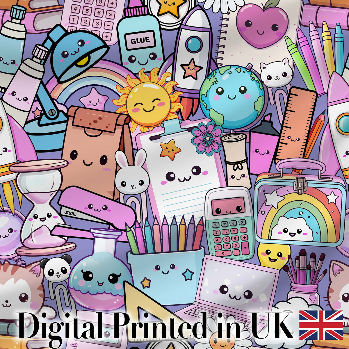 Cute Kawaii School Supplies Rainbow Sun Globe Notebook   Purple Background Digital Print Fabric by the Metre UK Sewing Quilting Textile