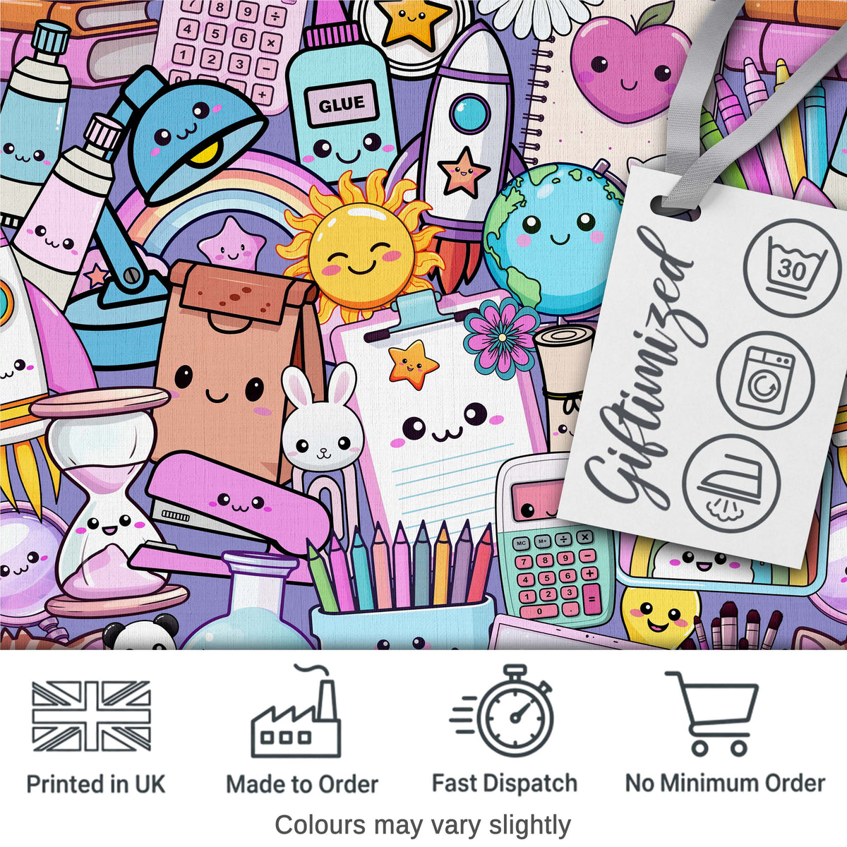 Cute Kawaii School Supplies Rainbow Sun Globe Notebook   Purple Background Digital Print Fabric by the Metre UK Sewing Quilting Textile
