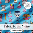 Cute Kawaii Graduate Boy Science Art Supplies Seamless Pattern Blue Background Digital Print Fabric by the Metre UK Sewing Quilting Textile