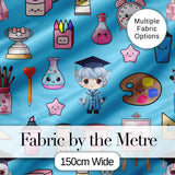 Cute Kawaii Graduate Boy Science Art Supplies Seamless Pattern Blue Background Digital Print Fabric by the Metre UK Sewing Quilting Textile