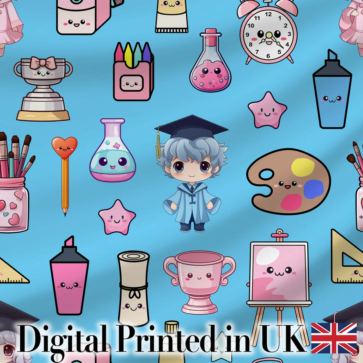 Cute Kawaii Graduate Boy Science Art Supplies Seamless Pattern Blue Background Digital Print Fabric by the Metre UK Sewing Quilting Textile