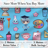 Cute Kawaii Graduate Boy Science Art Supplies Seamless Pattern Blue Background Digital Print Fabric by the Metre UK Sewing Quilting Textile