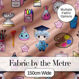 Cute Kawaii Graduate Boy Science Art Supplies Seamless Pattern Peach Background Digital Print Fabric by the Metre UK Sewing Quilting Textile