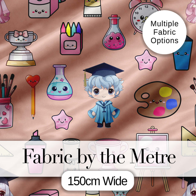 Cute Kawaii Graduate Boy Science Art Supplies Seamless Pattern Peach Background Digital Print Fabric by the Metre UK Sewing Quilting Textile