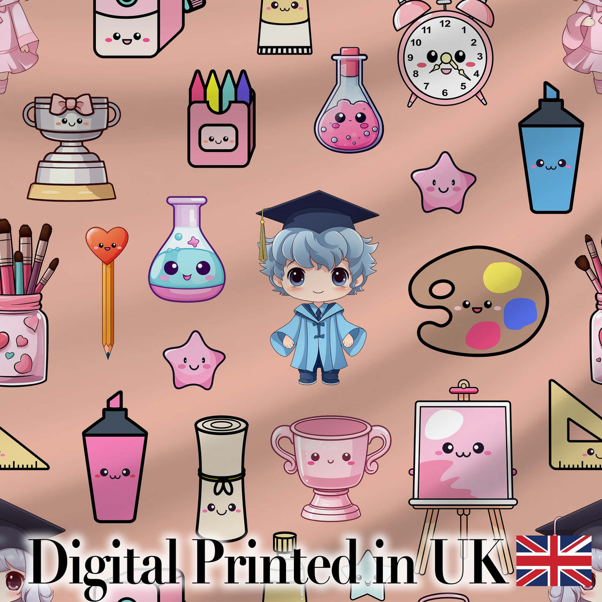 Cute Kawaii Graduate Boy Science Art Supplies Seamless Pattern Peach Background Digital Print Fabric by the Metre UK Sewing Quilting Textile