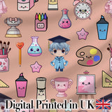 Cute Kawaii Graduate Boy Science Art Supplies Seamless Pattern Peach Background Digital Print Fabric by the Metre UK Sewing Quilting Textile