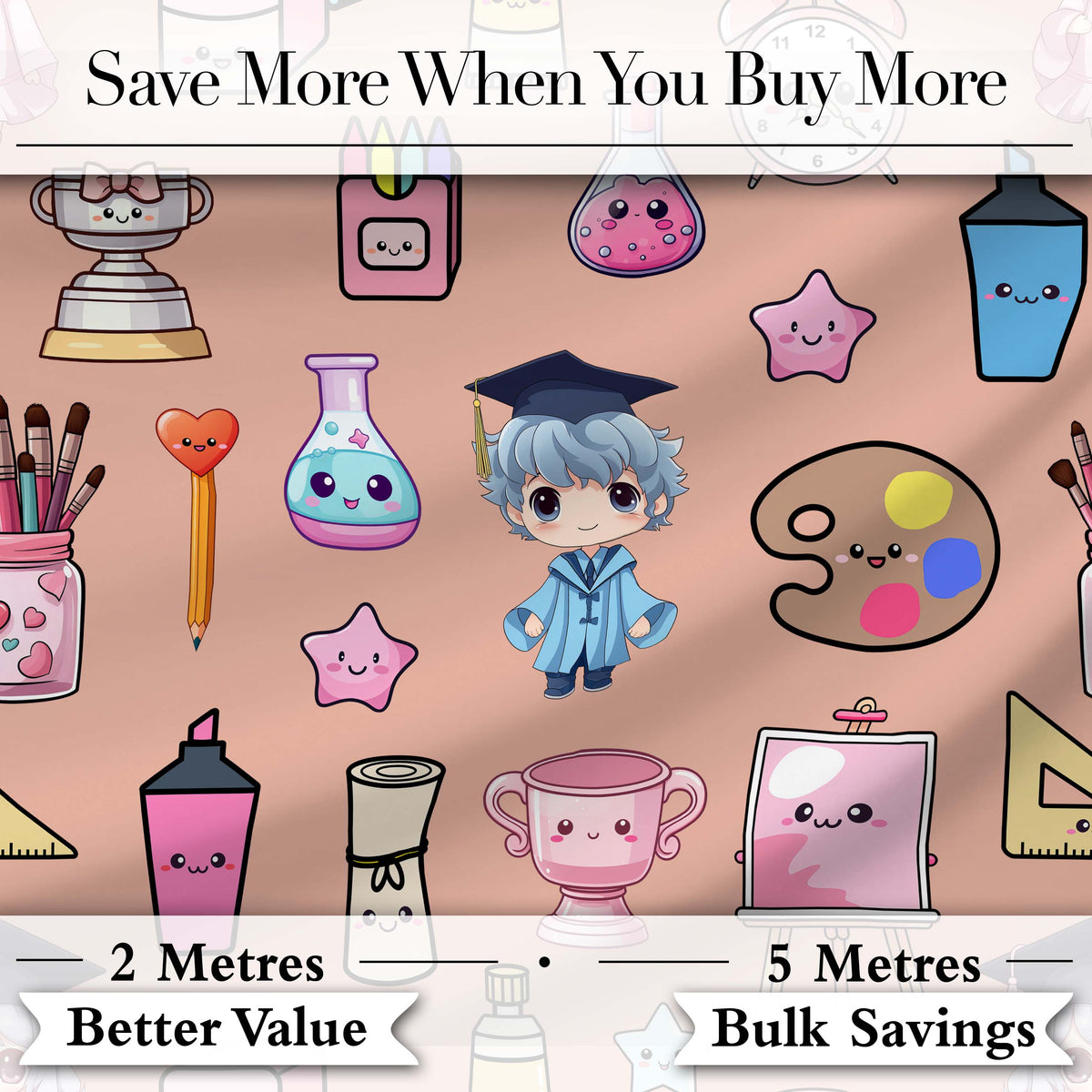 Cute Kawaii Graduate Boy Science Art Supplies Seamless Pattern Peach Background Digital Print Fabric by the Metre UK Sewing Quilting Textile